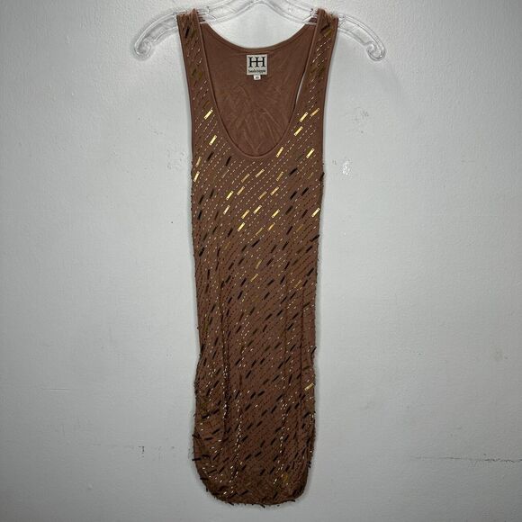 Haute Hippie Chocolate Brown Tank Mini Dress Side Ruche Gold & Beaded Adornment - Picture 14 of 14